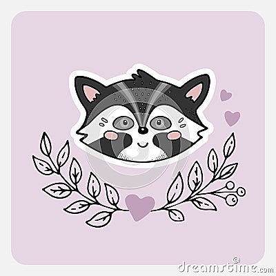 Racoon, skunk. Cute funny hand drawn animal with hearts, leaves and branches. Vector Illustration